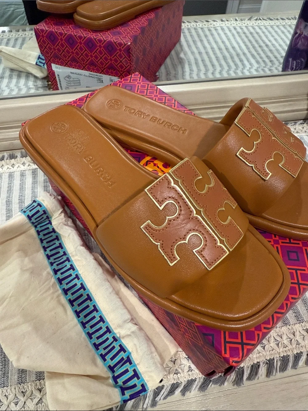 Tory Burch Cognac Leather Logo Slide Sandals